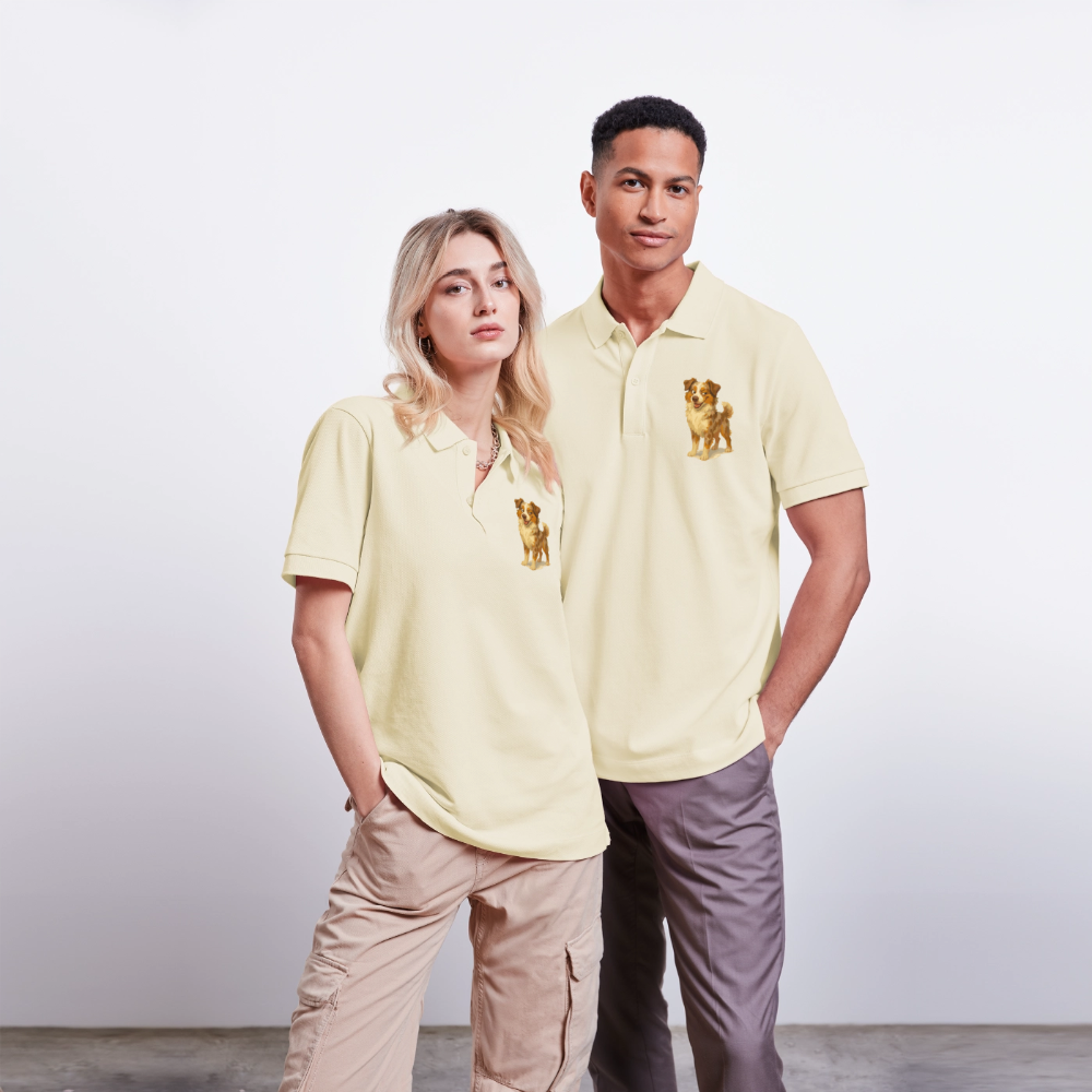 Australian Shepherd Poloshirt Frecher Cartoon mit verschmitztem Grinsen – Humorvolles Hunde Motiv für Tierfreunde und Geschenkideen - Weißgrau