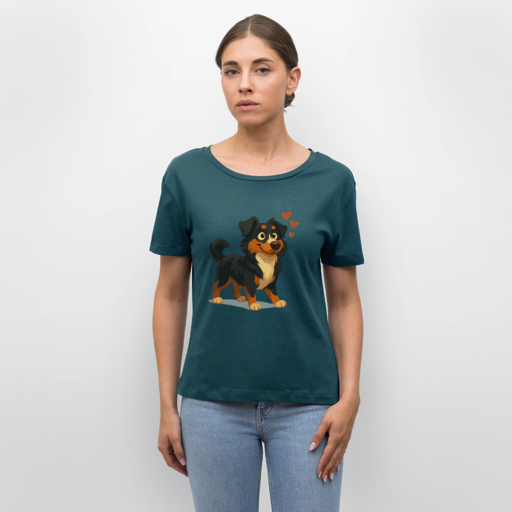 Australian Shepherd Shirt Verliebter Cartoon mit roten Herzen – Liebevolles Hunde Motiv für Valentinstag, Freundschaft und Geschenkideen - Dunkles Petrol