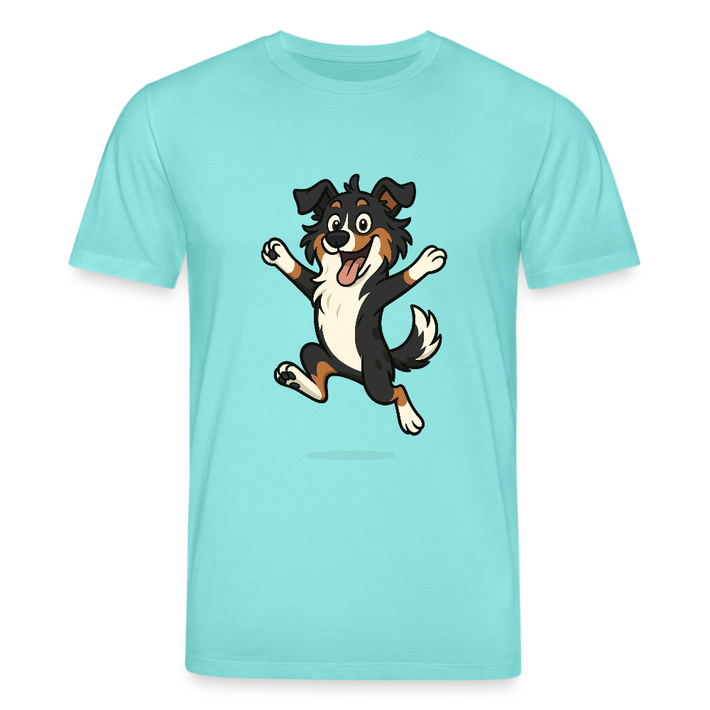 Australian Shepherd T-Shirt Cartoon hüpfend – Fröhliches Hunde Motiv voller Freude und Energie für Hundeliebhaber und Geschenkideen - Poolblau