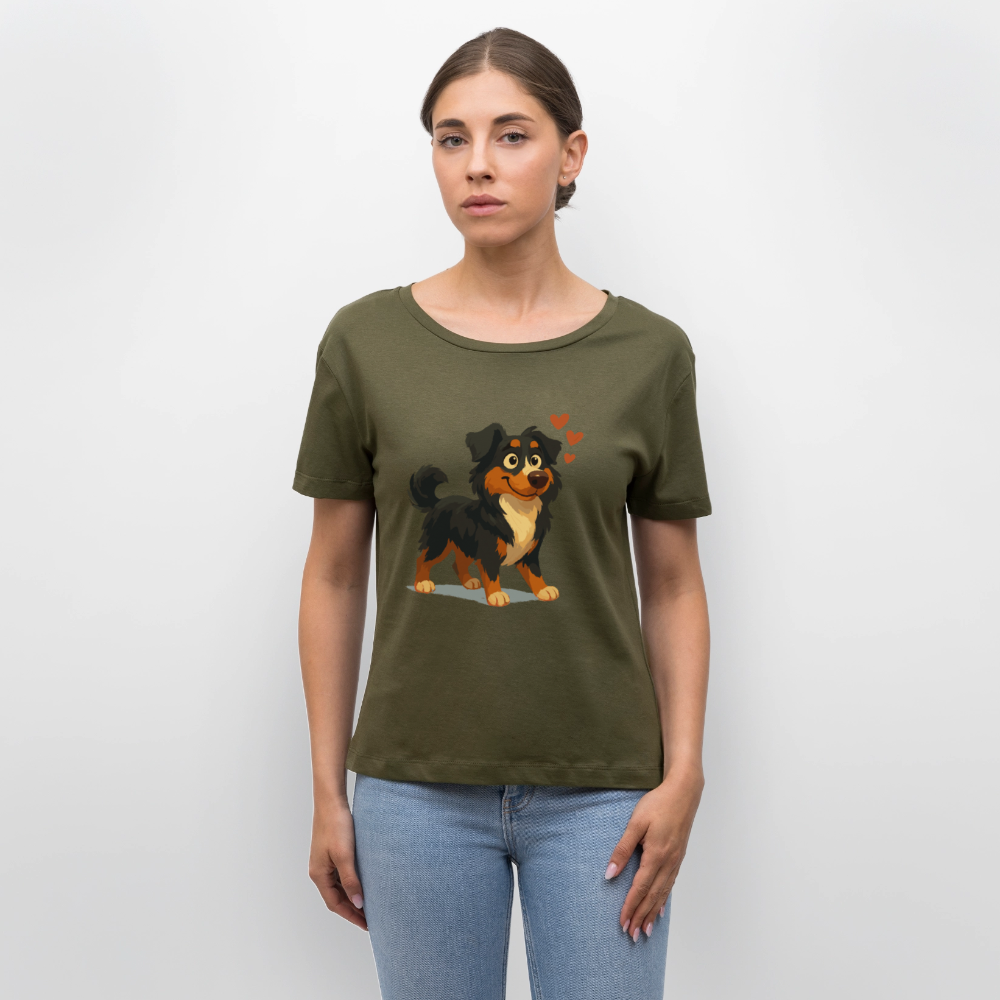 Australian Shepherd Shirt Verliebter Cartoon mit roten Herzen – Liebevolles Hunde Motiv für Valentinstag, Freundschaft und Geschenkideen - Khaki