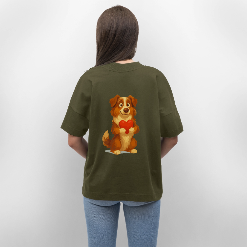 Australian Shepherd Oversized Süßer Cartoon mit Herz – Liebevolles Hunde Motiv für Valentinstag, Freundschaft und Geschenkideen - Khaki